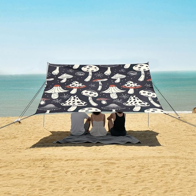 Mushrooms Black Beach Tent Sun Shelter 9.2' x 10.5' Beach Canopy with 4 Sandbags 4 Stability Poles Sand Shovels - Tent Canopy for Beach Camping Fishing Picnics