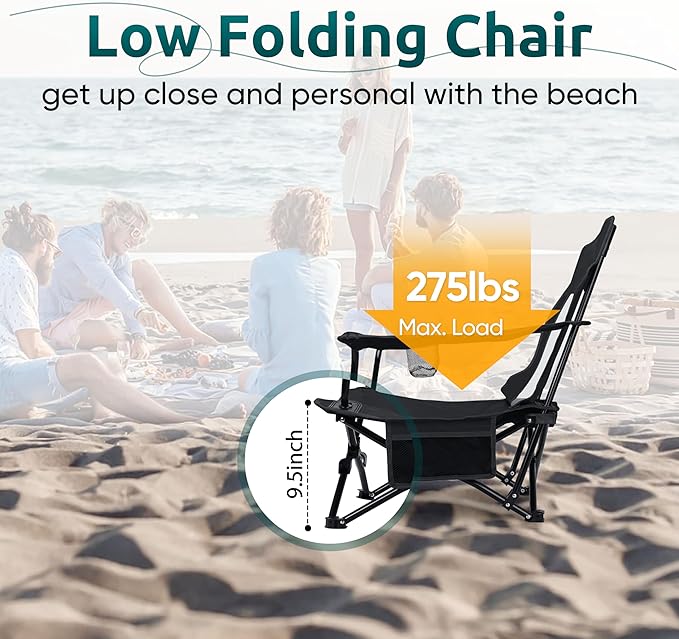 HaSteeL Folding Beach Chair Foldable Black Camping Chairs for Outside Low Beach Chair Portable for Adults Fishing Picnic Outdoor BBQ Travel Sports Cup Holder &amp Storage Bag