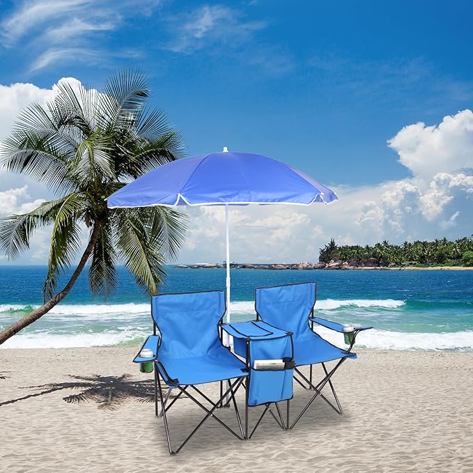 Outvita Folding Double Camping Chair w/Umbrella Beverage Holder Carrying Bag Cooler Fold Up Table Large Bearing Capacity for Beach Patio Pool Park Outdoor Blue