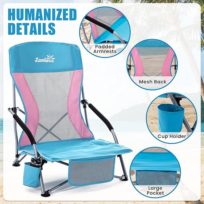 Lamberia Folding Beach Chair for Adults Portable Low Beach Chairs with 300lbs Capacity Lightweight Fodable Camping Chair for Travel Picnic Concert &amp Outdoor Activities Blue-Pink