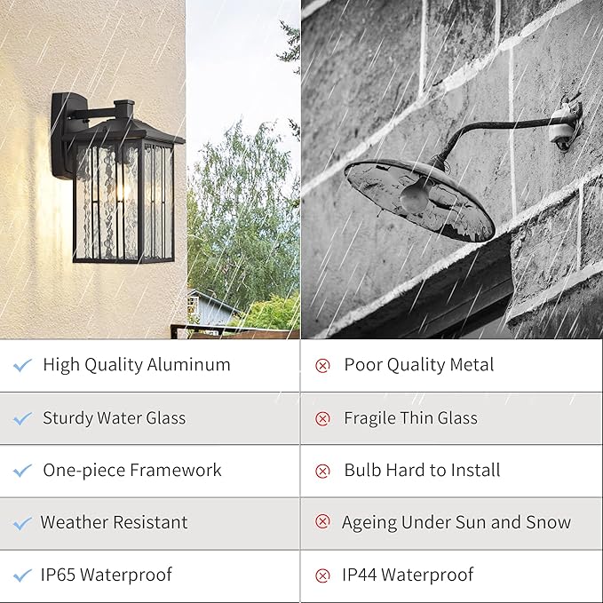 Outdoor Porch Light Fixtures Black Wall Sconce Exterior Light Large Front Ddoor Sconce Lights Water Glass Outdoor Wall Lantern for Porch Garage House 15”H