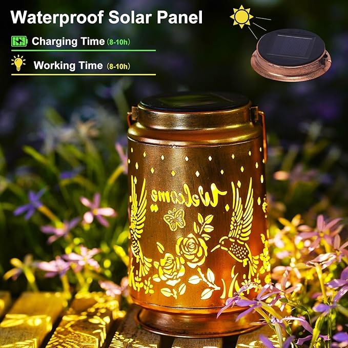 Solar Lanterns Outdoor Waterproof Hummingbird Butterfly Garden Decor Gifts for Women Mom Grandma Hanging Solar Lights Metal Solar Decoration Outside for Yard Patio Backyard Porch