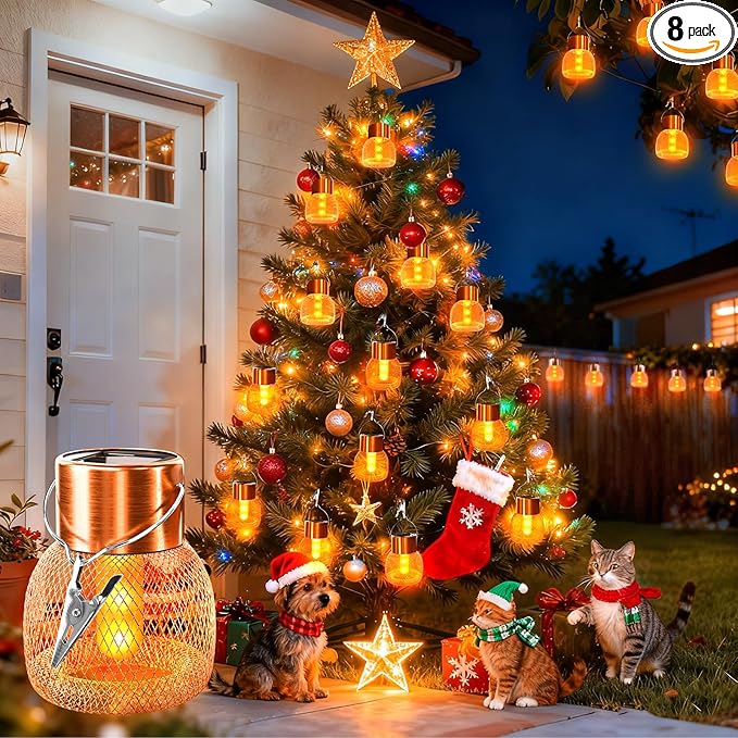 Anordsem Solar Hanging Lights Outdoor: 8 Metal Mesh Flame Lanterns with Clip - Waterproof LED Warm Lighting for Christmas Tree Yard Garden Decor - Xmas DIY Gift for Homeowners Camper