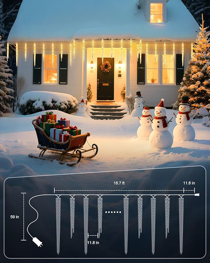 Minetom Icicle Lights Outdoor with Clips 2 Pack Total 40ft 200 LED 40 Tubes Twinkling Ice Shape String Lights Connectable Hanging Christmas Lights Plug in for Eave Holiday Outdoor Warm White