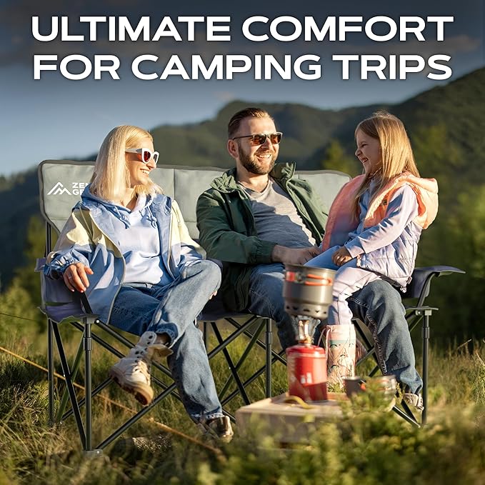 Oversized Fully Padded Double Camping Chair Portable Folding Loveseat w/Side &amp Back Pockets Adjustable Armrests Double-Sized Cup Holders for Outdoor Indoor Supports 530LBS (Dark Navy)