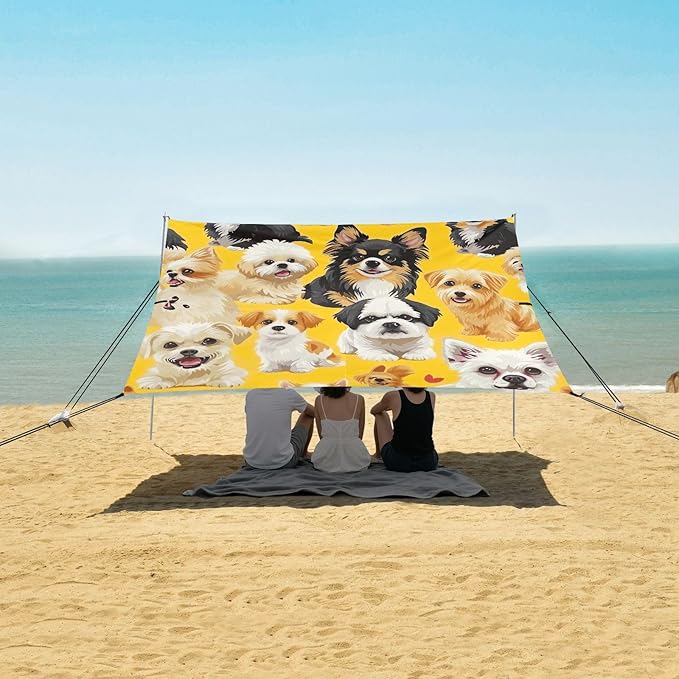 Little Dogs on Yellow Beach Tent Sun Shelter 9.2' x 10.5' Beach Canopy with 4 Sandbags 4 Stability Poles Sand Shovels - Tent Canopy for Beach Camping Fishing Picnics