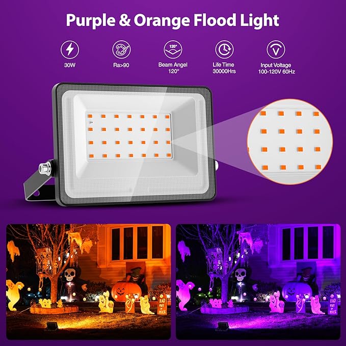 Onforu Orange and Purple Halloween Lights 30W Dusk to Dawn Floodlight 2 Pack LED Flood Light Outdoor Decoration Auto ON/Off Plug in Flood Light IP65 Waterproof Uplighting Uplights for Party Garden