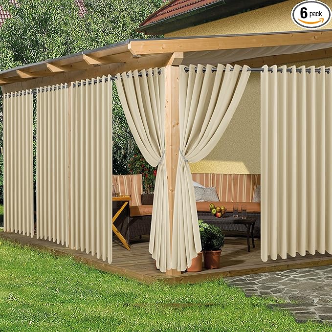 HolidayIdeas Extra Wide Outdoor Curtains for Patio Waterproof 6 Panels - 110x108 Inches - Weatherproof Privacy Outsides Curtains for Backyard Porch Gazebo Sunlight &amp UV Blocking (Cream Grommet