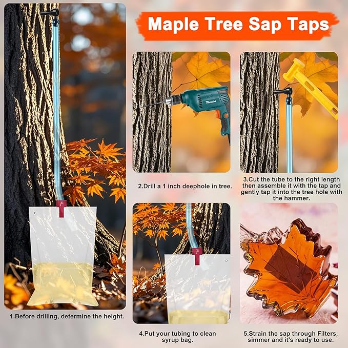 Maple Syrup Tree Tapping Kit with 8L Bags &amp Maple Syrup Cone Filter Holder Stand with Thermometer