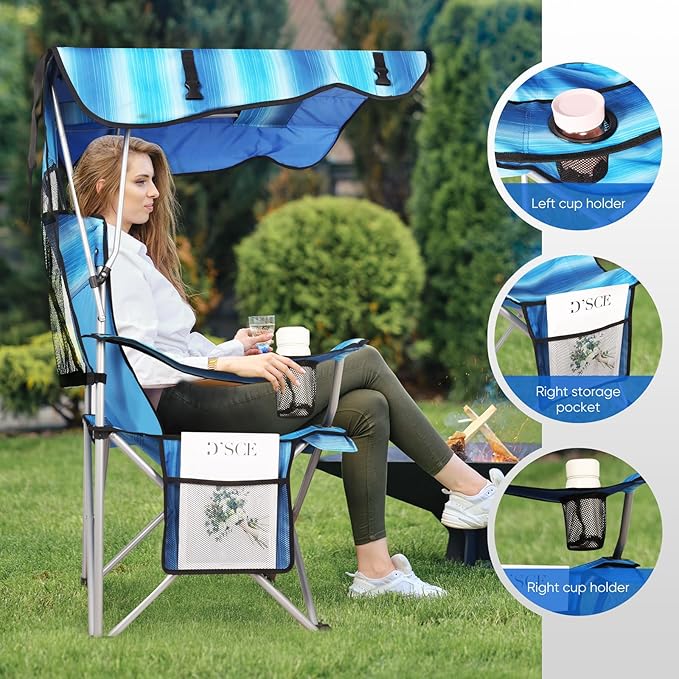 Portable Camping Chair with Canopy - Folding Chair with Canopy Durable 600D Oxford Canopy Chair for Camping Beach Picnics Fishing &amp Sports