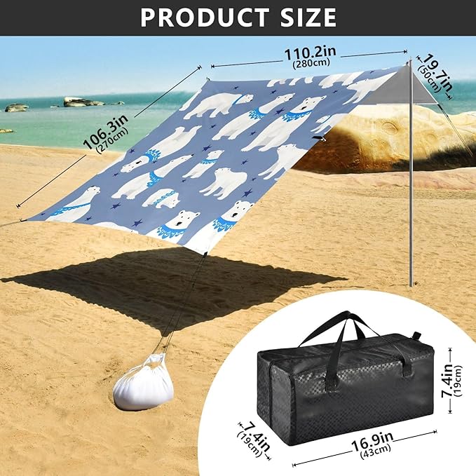 ALAZA Polar Bear Animal Beach Tent Sun Shelter UPF50+ Protection Beach Shade Canopy w/ 4 Sandbags for Outdoor Camping Fishing Backyard Fun Picnic 10x9 ft