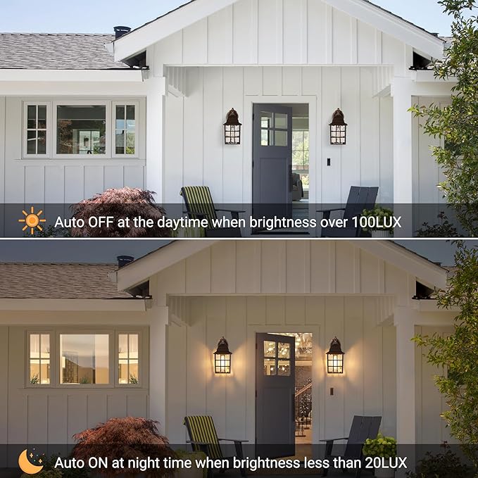 Farmhouse Exterior Light Fixtures - Sensor Dusk to Dawn Outdoor Porch Lights Black Brush Gold Wall Sconce Outside Wall Lantern for Front Door Garage 2 Pack