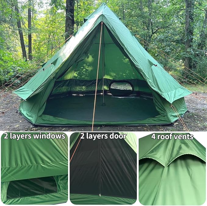 DANCHEL OUTDOOR B1 Portable Yurt with Footprint Waterproof 4-6 Persom Family Camping Bell Tent 300D Oxford Nylon UPF50+ Sun Protection Green 13ft/4m