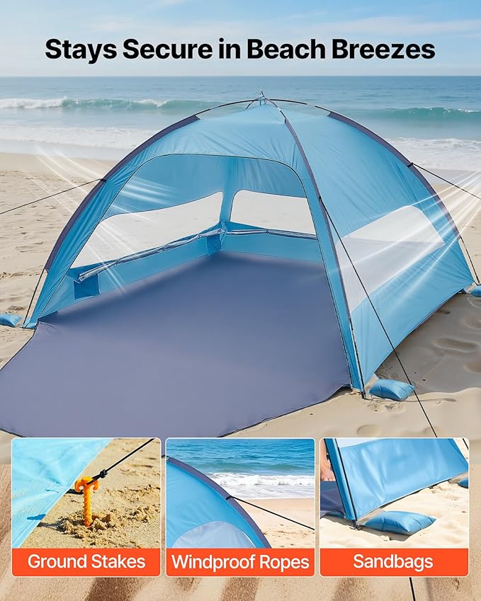 VEVOR Beach Tent Sun Shelter for 6 Person UPF 50+ Protection Portable Sun Shade Beach with Carrying Bag &amp Sand Pockets Lightweight and Easy Setup Beach Umbrella for Camping Fishing Outdoor Picn