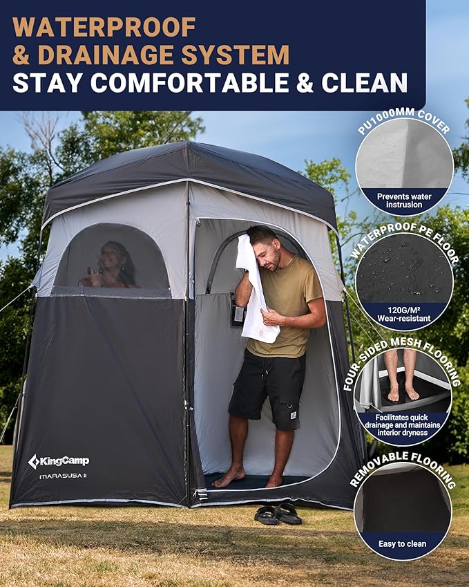 KingCamp Camping Shower Tent Portable Outdoor Privacy Toilet &amp Changing Tent Windproof &amp Waterproof Easy Setup 1 or 2 Room Shelter with Shower Bag for Camping Hiking Beach