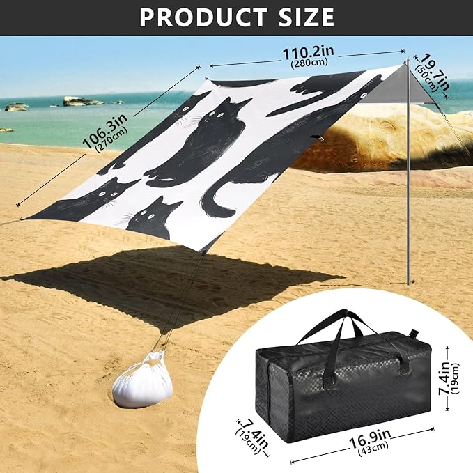 Black Cats Beach Tent Sun Shelter 9.2' x 10.5' Beach Canopy with 4 Sandbags 4 Stability Poles Sand Shovels - Tent Canopy for Beach Camping Fishing Picnics