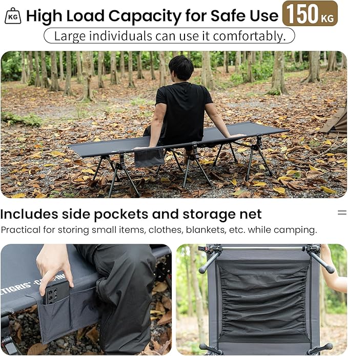 ONETIGRIS SUPRANUBIS Camping Cot Height Adjustable with Cot Leg Extenders Strong Support 330lbs Lightweight Comfortable Folding Bed for Camping Hiking Travel Truck Beach Office Nap