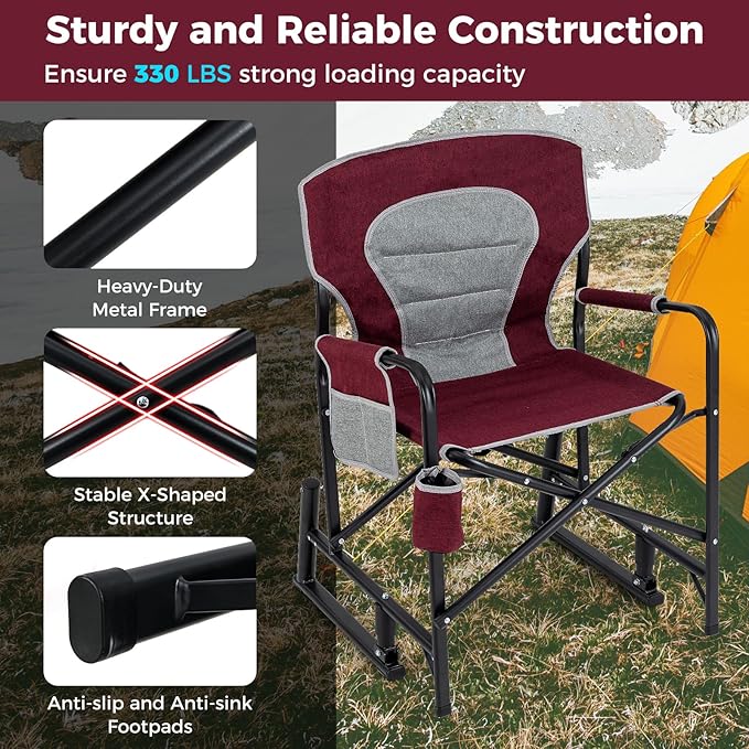 Goplus Outdoor Rocker Camping Chairs for Adults Portable Folding Chair w/Dual Springs Padded Back Cup Holder Storage Pocket Heavy-Duty Rocking Arm Chair for Beach Lawn Travel Fishing(2Wine)