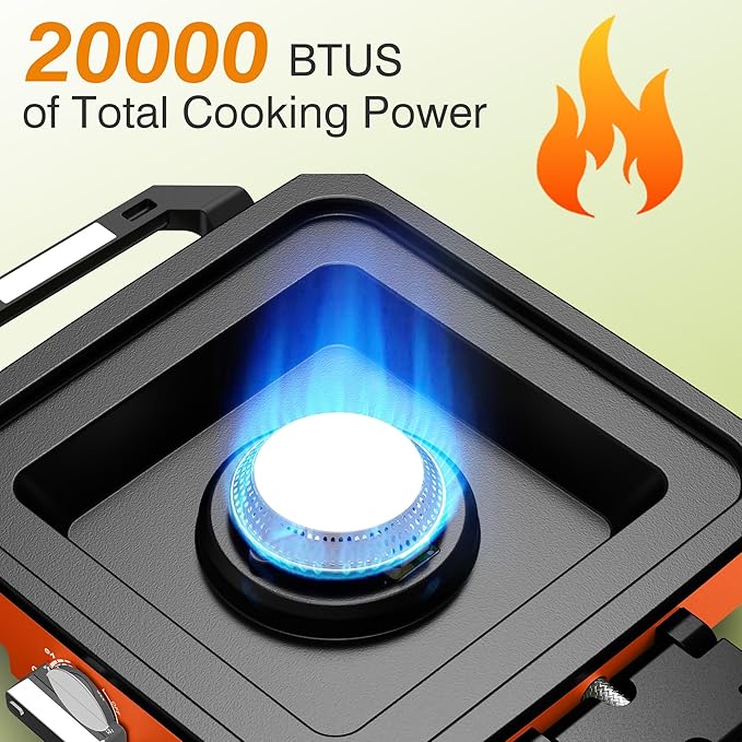 ODSD 2 Burner Camping Stove with Windshield 20000 BTU Propane Camp Stove Portable Folding Gas Stove Camping Essentials Gear Includes Frying Pan Coffee Stand &amp Carry Bag Orange