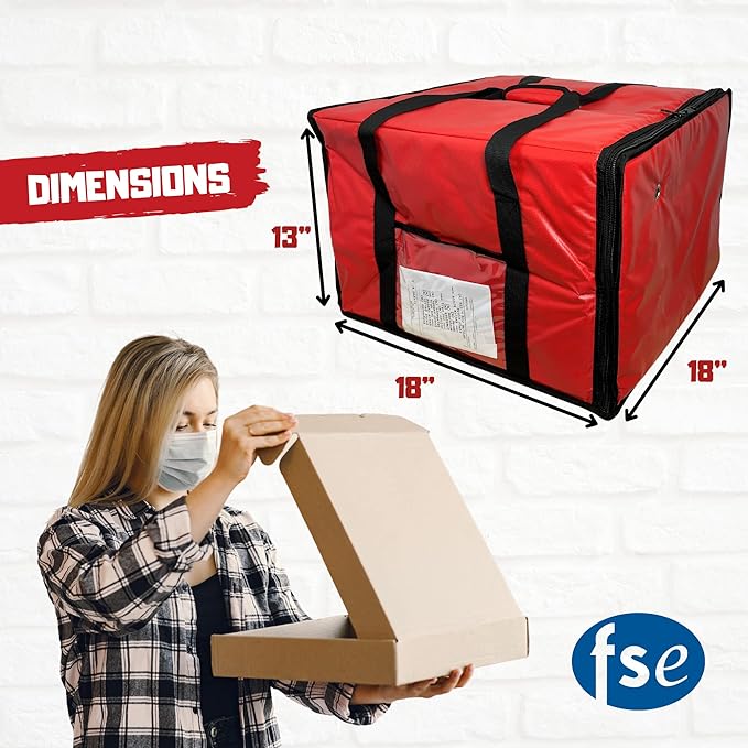FSE Insulated Pizza Food Delivery Bag Carrier 18 Inch x 18 Inch x 13 Inch Breathable Design Fits Five 16 Pizza Boxes or Four 18 Pizza Boxes for Hot or Cold Items Red