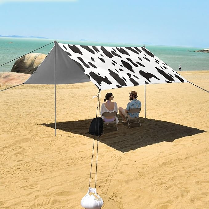 Cow Spots Pattern Beach Tent Sun Shelter 9.2' x 10.5' Beach Canopy with 4 Sandbags 4 Stability Poles Sand Shovels - Tent Canopy for Beach Camping Fishing Picnics