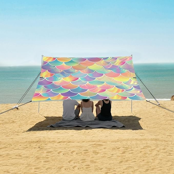 ALAZA Rainbow Mermaid Scales Beach Tent Sun Shelter UPF50+ Protection Beach Shade Canopy w/ 4 Sandbags for Outdoor Camping Fishing Backyard Fun Picnic 10x9 ft