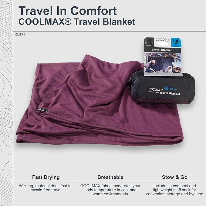 cocoon - Coolmax Travel Blanket | Compact Throw Blanket for Camping and Hiking | Fits in Backpack | Attaches to Luggage | Travel Essential | Fast Drying (Regular 70 x 55)