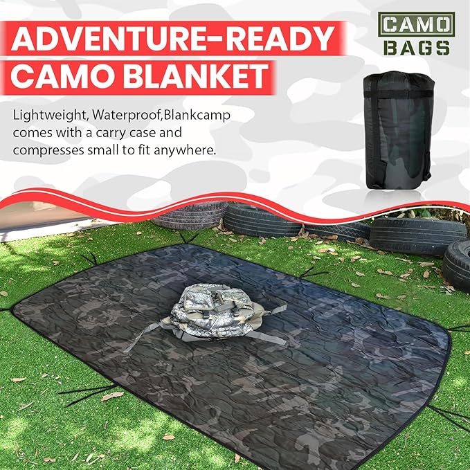 Camo Military Woobie Style Blanket- Waterproof Blankets with Adjustable Straps- 8 Pair Tie Cords military blanket with Reinforced Stitching- Ultralight RIBSTOP Travel Blanket for Camping &amp Outdoor