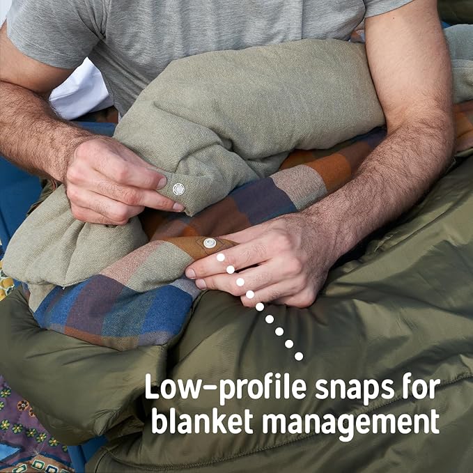 Kelty Wayback Flannel Lined Sleeping Bag Built in Blanket Traditional Rectangle Shape Organic Flannel Cotton Liner Dual Locking Slide Zips