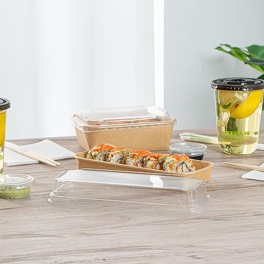 Restaurantware-LIDS ONLY: Matsuri Vision 8.8 x 3.7x 1.2 Inch Lids For Sushi Containers 100 Airtight Lids - Containers Sold Separately No-Fog Design Clear Plastic Dome Lids For Sushi Boxes