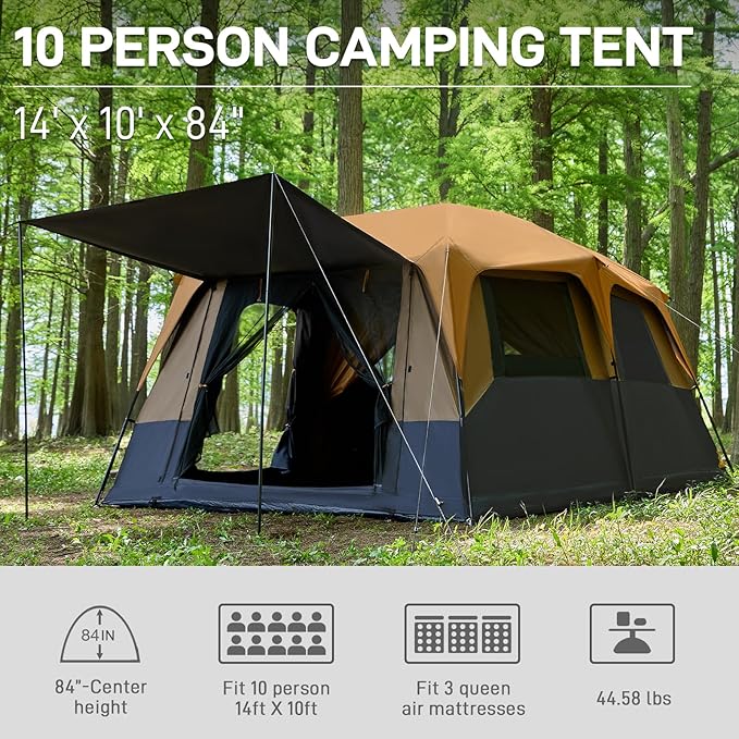 EVER ADVANCED 10 Person Camping Blackout Design Tent Multi Room Tent for Family Large Tents with Rainfly and Carry Bag 2 Doors Water-Resistant 14ft x 10ft x 84in