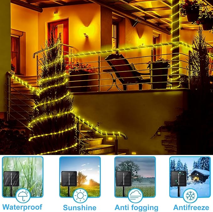 99FT 1000LED Solar Rope Lights - Warm White Solar Powered String Lights with 8 Lighting Modes IP65 Waterproof Fairy Light for Outdoor Garden Yard Tree Christmas Holiday Decor