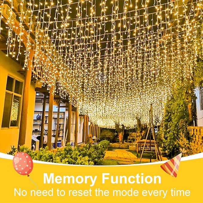 QITONG Warm White Icicle Lights for Outside 66ft 800 LED String Lights Indoor with 8 Modes Clear Wire Connectable Icicle Christmas Light Plug in