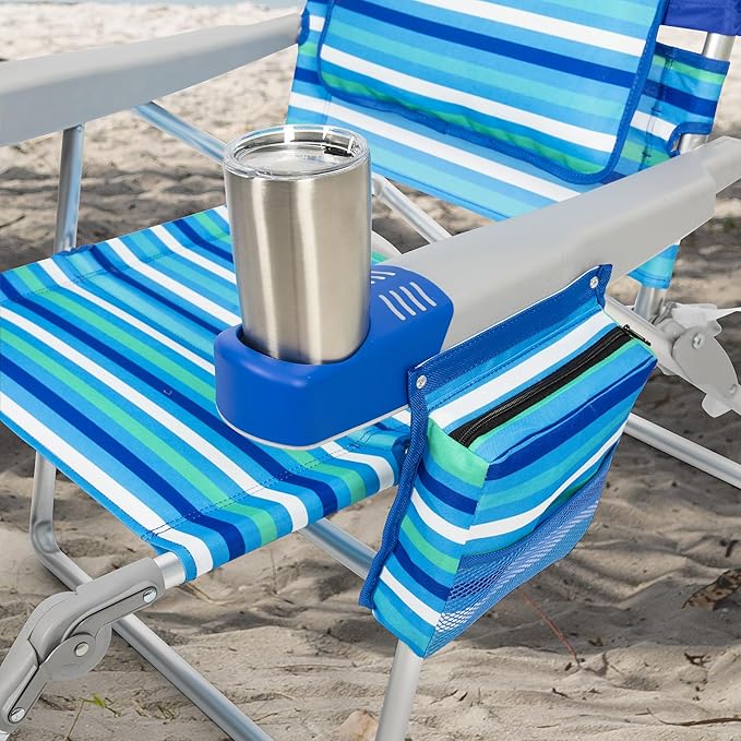 Tommy Bahama 4-Position Face-Opening Read Through Lounger with Ottoman Portable Folding Beach Chair Blue Stripe