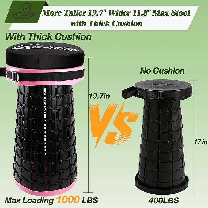ALEVMOOM Upgraded XXL Collapsilbe Stool with CushionMore Sturdy and Height 19.7“D11.8”Portable and Lightweight Adjustable Telescoping Stool for Camping Hiking BBQ Max Loading 1000Ibs