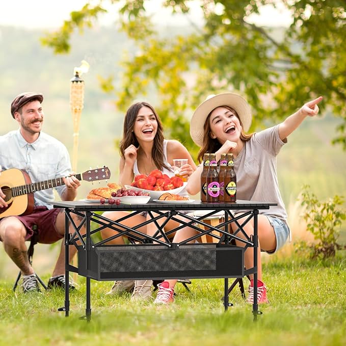 Camping Table Folding Portable Lightweight Roll Up Camp Table Adjustable Height with Carry Bag Indoor Outdoor for Camping Picnic Backyard BBQ Patio Black