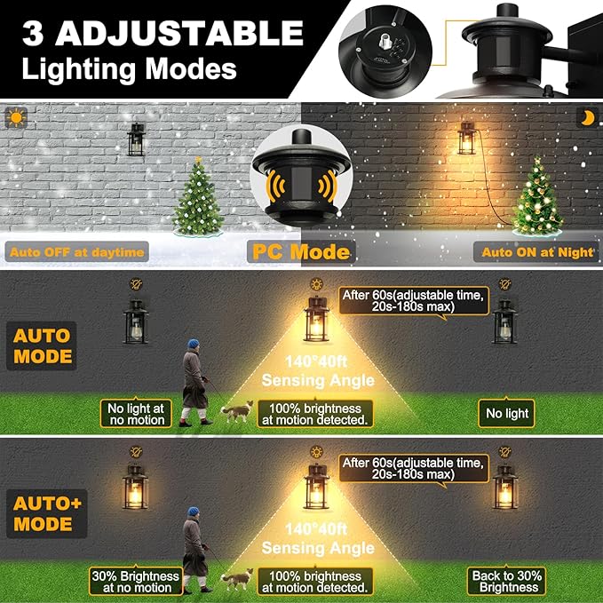 OKELI Retro Industrial Black Outdoor Wall Lights with GFCI Outlet - Dusk to Dawn &amp Motion Sensor Porch Light 3 Modes Waterproof Anti-Rust Exterior Sconce for PorchGarage Patio House