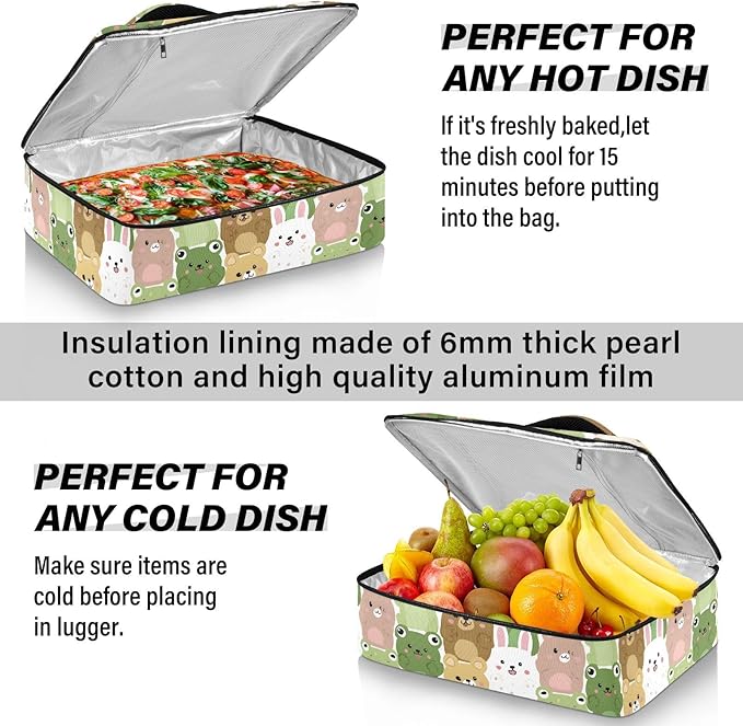 Casserole Carrier Cute Rabbit and FrogInsulated Casserole Carrier for Hot or Cold Food Thermal Lunch Tote for Potluck Parties Picnic Beach Fits 9 x 13 Inches Baking Dish