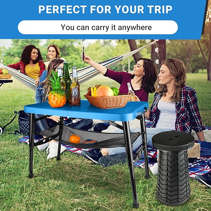 Portable Folding Table and Stool Set Lightweight Foldable Table &amp Collapsible Stool for Camping Picnic Beach Fishing Sturdy Small Outdoor Table with Mesh Layer Storage- Blue