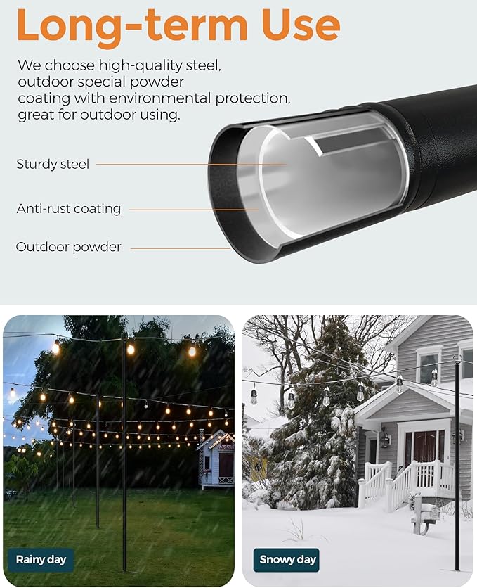 LAND·VOI Metal String Light Poles for Outside Hanging - Backyard Garden Patio 4 Pack Lighting Stand with Adjustable Height for Outdoor Parties Wedding Extra-Long 5-Prong Claws (10FT) FLP04B