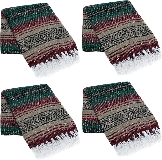 La Montana Mexican Blankets and Throws 4 Pack 74x50 - Made in Mexico Lightweight Yoga Blanket for Schools Studios Outdoors Camping Picnic Decor - Washable Mocha/Burgundy/Forest Green