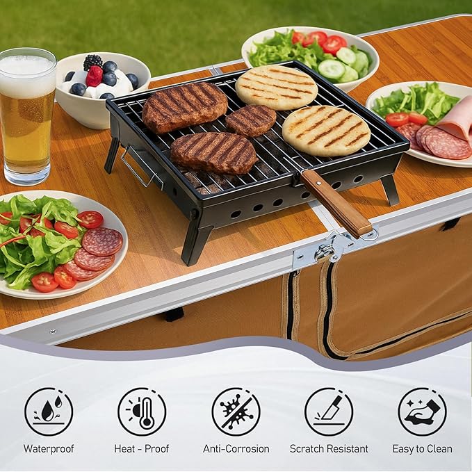 VINGLI 4 Ft Folding Table Aluminum Camping Table Picnic Table with Storage Adjustable Height for Outdoor Beach BBQ Backyards Travel Party (Brown)