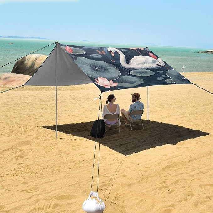 Japanese Swans Beach Tent Sun Shelter 9.2' x 10.5' Beach Canopy with 4 Sandbags 4 Stability Poles Sand Shovels - Tent Canopy for Beach Camping Fishing Picnics