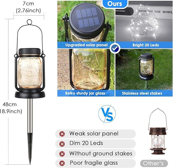Mlambert Cool White 4 Pack Solar Hanging Mason Jar Lights with Stakes Waterproof Decorative 30 LEDs Outdoor Solar Lantern Lamp Patio Garden Tree Yard