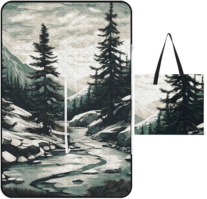 Zipper Hand Drawn Two Pine Trees Style Picnic Mat Suitable for Travel Camping Park Or Home Use