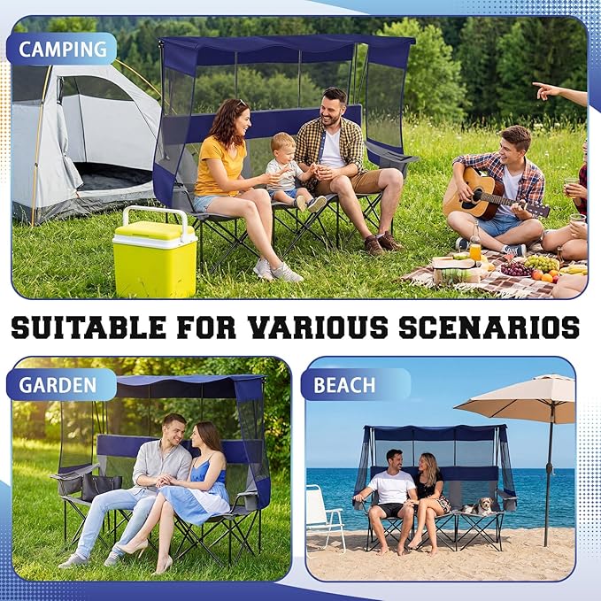 3 Person Camping Chair with Canopy Shade Oversized Folding Beach Couch Style Camping Sofa Portable Outdoor Lawn Seat Tailgate Chair with Umbrella for Beach Sport Sideline Backyard Festival