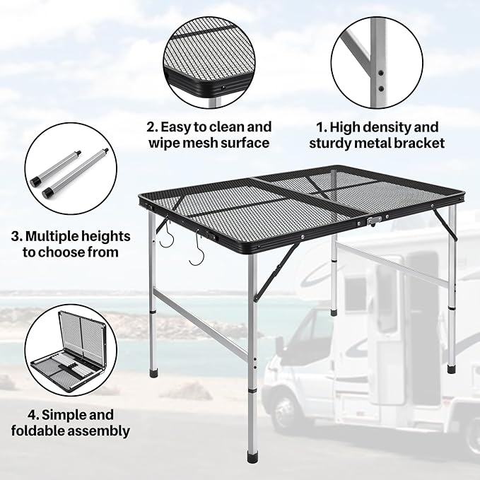 jkwokback 3ft x 2ft Grill Table Portable Camping Table Waterproof Black Folding Table with Adjustable Height Camping TableFolding Camp Table for BBQCamping Outdoor Sports Beaches and Picnics
