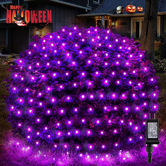 BlcTec Halloween Net Lights 200 LED 8.4ft x 5.2ft Purple Halloween Lights with 8 Modes Timer Connectable Waterproof and Green Wire Design for Trees Bushes Outdoor Decorations