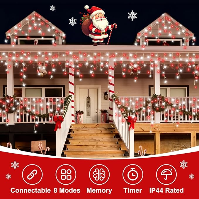 QITONG Red and White Icicle Lights for Outside 33ft 400 LED String Light with 8 Modes Clear Wire Connectable Icicle Christmas Lights Indoor Plug in