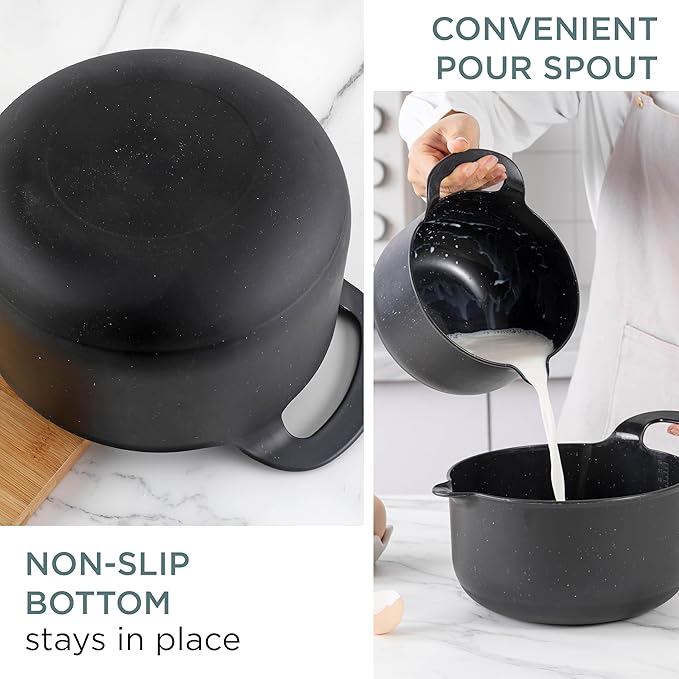 COOK WITH COLOR Nesting Plastic Mixing Bowl Set with Pour Spouts and Handles Black Speckled 4 Piece Non-Slip
